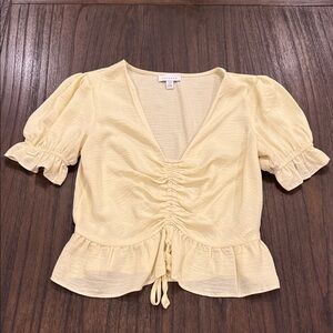 Topshop Pale Yellow Ruched Peplum V-Neck Blouse
